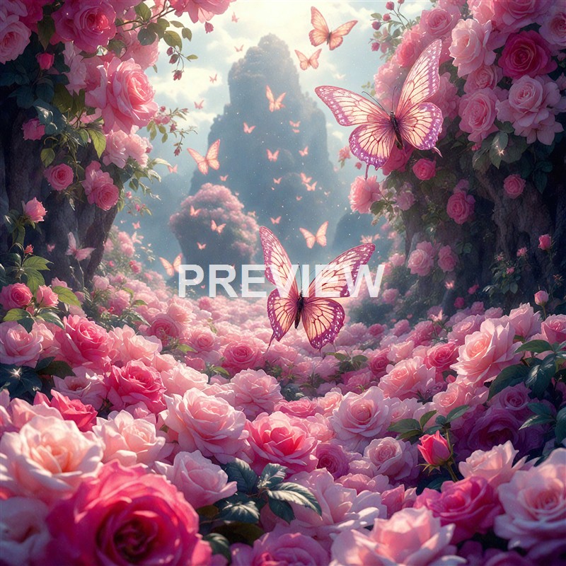 The image depicts a fantastical scene with pink roses covering the ground and cliffs, large pink butterflies flying among the flowers, and a dreamy sky with clouds and smaller butterflies in the background.